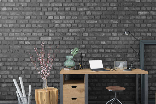 istock Contemporary home office interior with wooden table background template 1070229788