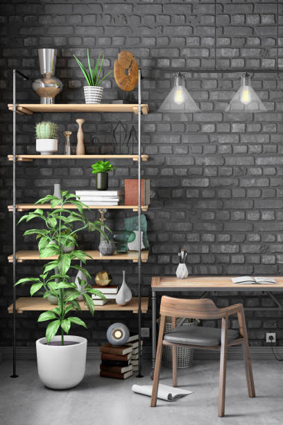 istock Contemporary home office interior with wooden table background template 1070229794