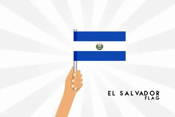 Vector illustration of Vector cartoon illustration of human hands hold El Salvador flag. Isolated object on white background.