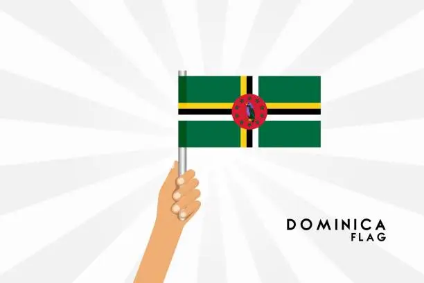 Vector illustration of Vector cartoon illustration of human hands hold Dominica flag. Isolated object on white background.