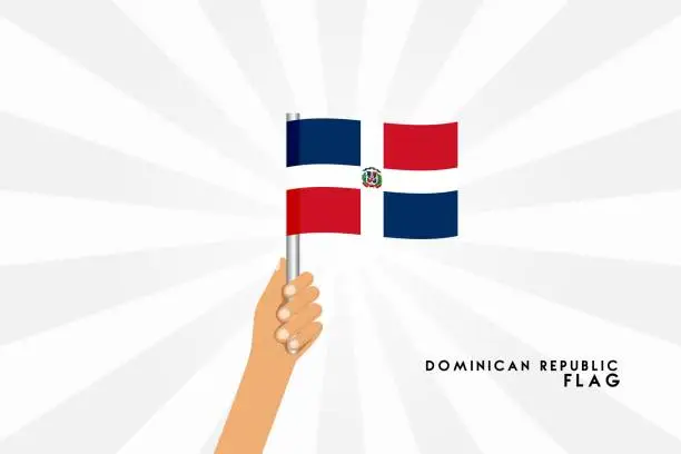 Vector illustration of Vector cartoon illustration of human hands hold Dominican Republic flag. Isolated object on white background.
