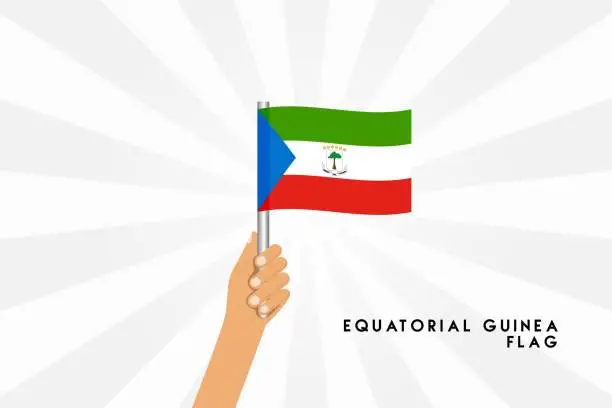 Vector illustration of Vector cartoon illustration of human hands hold Equatorial Guinea flag. Isolated object on white background.