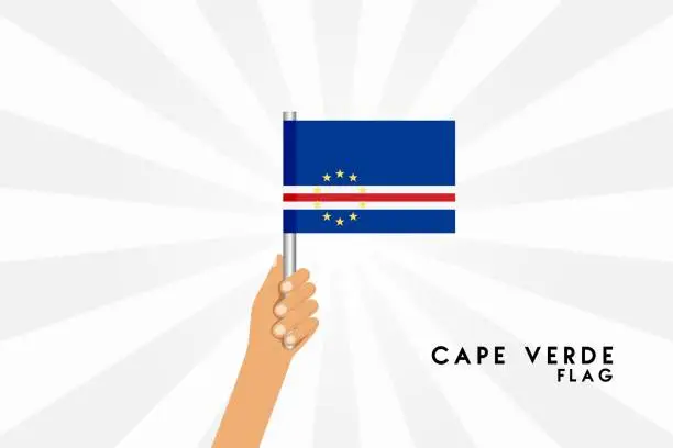 Vector illustration of Vector cartoon illustration of human hands hold Cape Verde flag. Isolated object on white background.