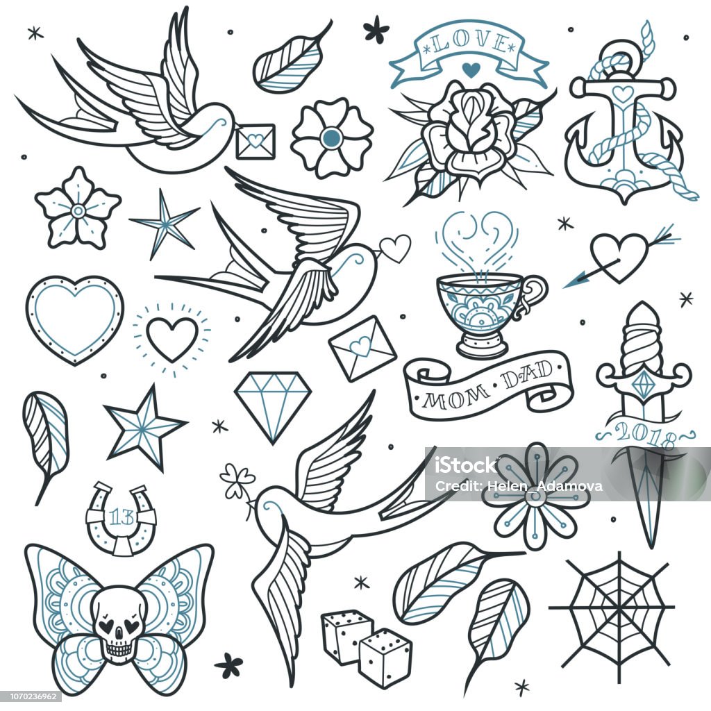 old school tattoo set A large set of isolated outlines old school tattoo elements on a white background Flash stock vector