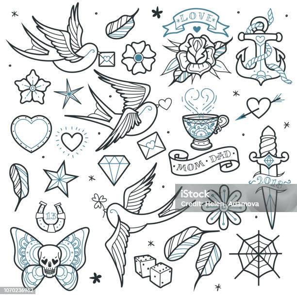 Old School Tattoo Set Stock Illustration - Download Image Now - Flash, Tattoo, Art
