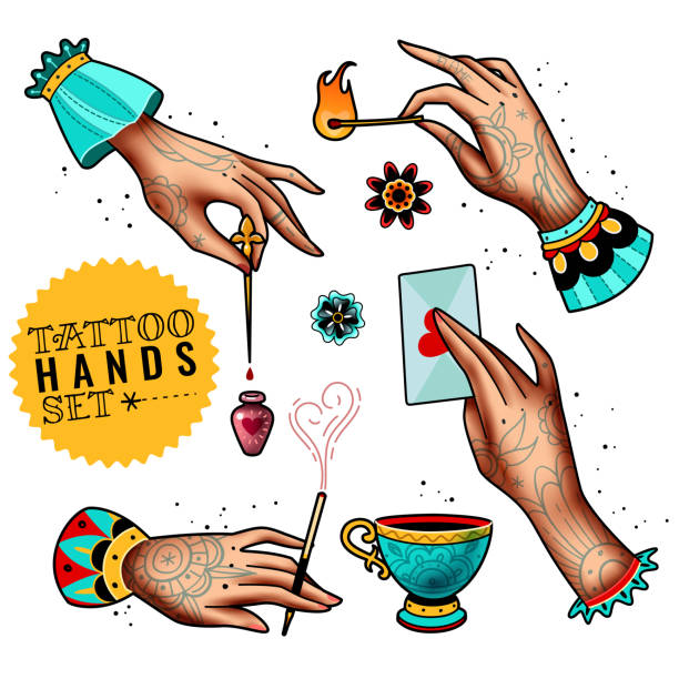 ilustrações de stock, clip art, desenhos animados e ícones de oldschool tattoo hands set - hands only flash