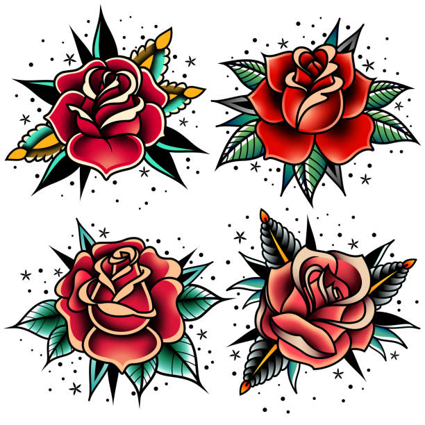 oldschool tattoo rosen set - rose stock-grafiken, -clipart, -cartoons und -symbole