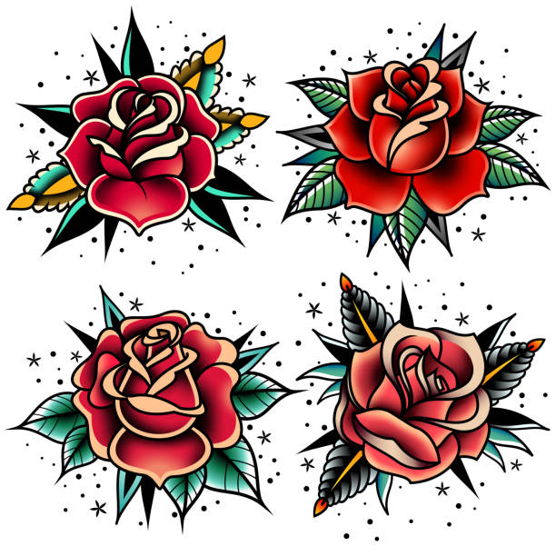 illustrations, cliparts, dessins animés et icônes de ensemble de roses pour le tatouage old school - tattoo