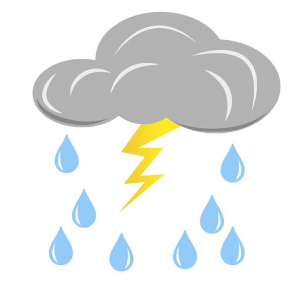 번개와 빗방울 회색 비 구름입니다. 밝은 배경에 고립 된 벡터 디자인 요소입니다. - thunderstorm rain sun lightning stock illustrations