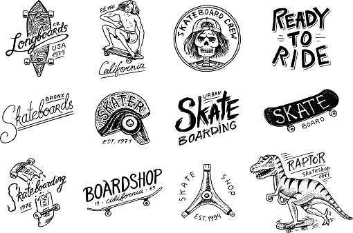 Set of Skateboarding labels logo. Vector illustration with Skeleton for skater. Urban design for badges, emblems t-shirt typography. engraved hand drawn sketch in monochrome vintage style