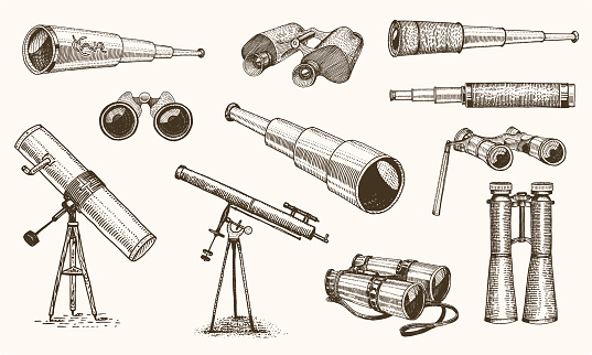 Binoculars or field glasses. Military set. vintage telescopes and optical equipment. engraved hand drawn old line icon. retro sketch style. Concept of active travel, exploration, discovery