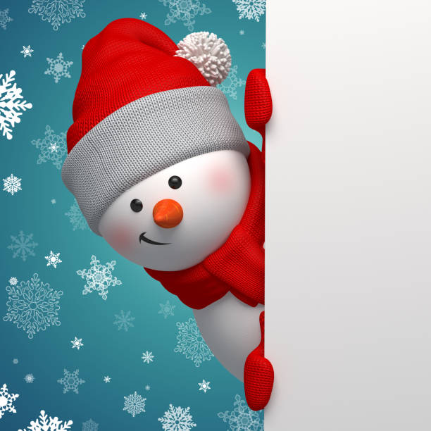 istock Christmas greeting card, 3d snowman looking at camera and holding blank page 1070253794