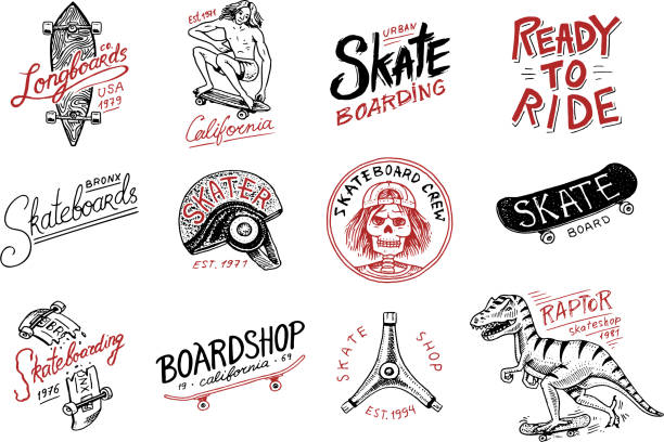 Set of Skateboarding labels logo. Skater Dinosaur tyrannosaur rex rides on the board.. Urban design for badges, emblems t-shirt typography. engraved hand drawn sketch in monochrome vintage style. Set of Skateboarding labels logo. Skater Dinosaur tyrannosaur rex rides on the board.. Urban design for badges, emblems t-shirt typography. engraved hand drawn sketch in monochrome vintage style skateboard tattoo stock illustrations