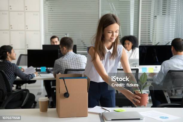Smiling Hired Female Company Employee Unpacking Box With Personal Belongings Stock Photo - Download Image Now