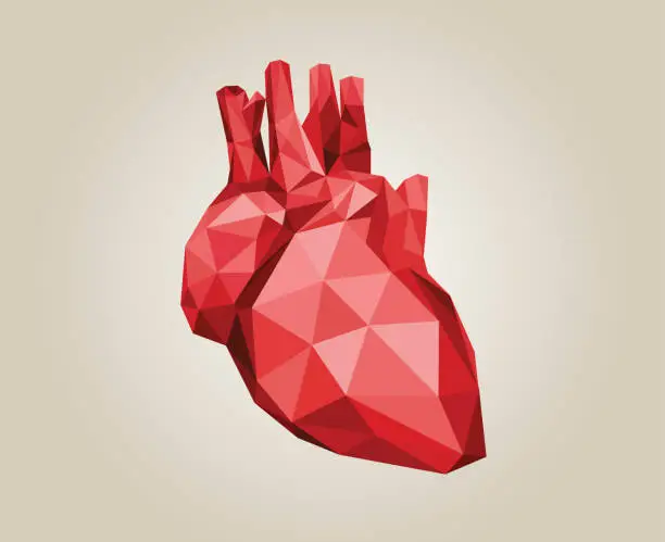 Vector illustration of stylized low poly heart red on tan brown background