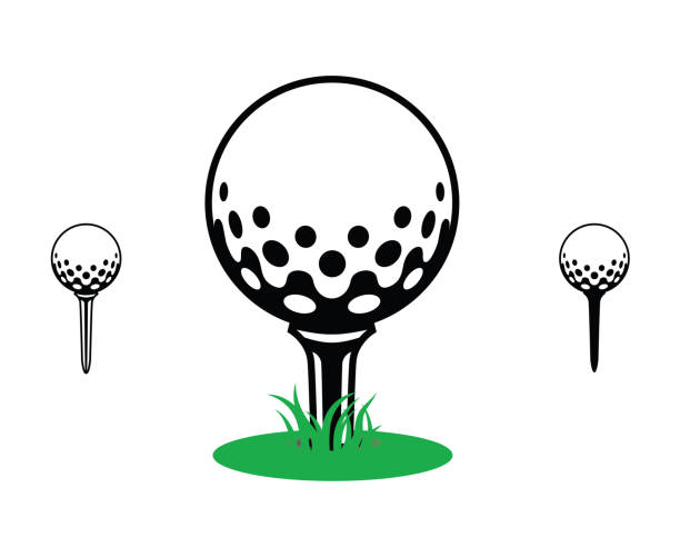 czarno-biała piłka golfowa na trójce z zieloną trawą. ikona, symbol, sport, - golfowa piłka stock illustrations