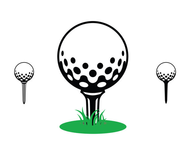 ilustrações de stock, clip art, desenhos animados e ícones de black and white golf ball on a tee with green grass. icon, symbol, sport, - golf golf ball sport tee