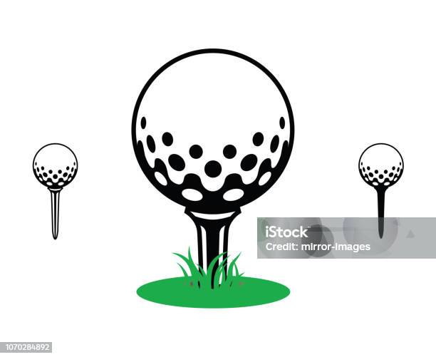 Black And White Golf Ball On A Tee With Green Grass Icon Symbol Sport Stock Illustration - Download Image Now