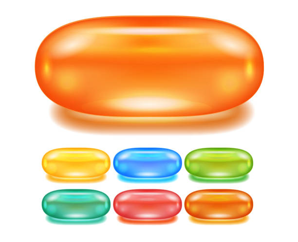 illustrations, cliparts, dessins animés et icônes de pilule de capsule, vitamine, santé, gelée haricot, ordonnance de gel - vector vitamin pill purple orange