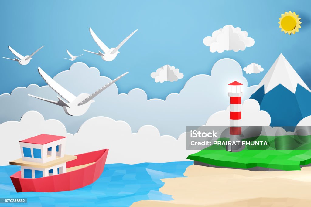Estilo De Arte Papel De Faro Y El Barco Navega En El Mar Bajo La Luz Del Sol Hora De Verano De Origami Y Concepto De Viaje Fácil Uso Por Imprimir Una Estilo De Arte Papel De Faro Y El Barco Navega En El Mar Bajo La Luz Del Sol Hora De Verano De Origami Y Concepto De Viaje Fácil Uso Por Imprimir Una