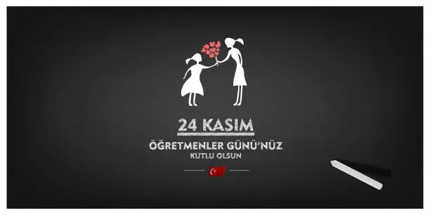 Vector illustration of (24 kasim, ogretmenler gunu kutlu olsun, siyah tahta uzerinde) translation, 24 november, happy teachers day on black board, girl student gives flowers to her teacher, vector illustration