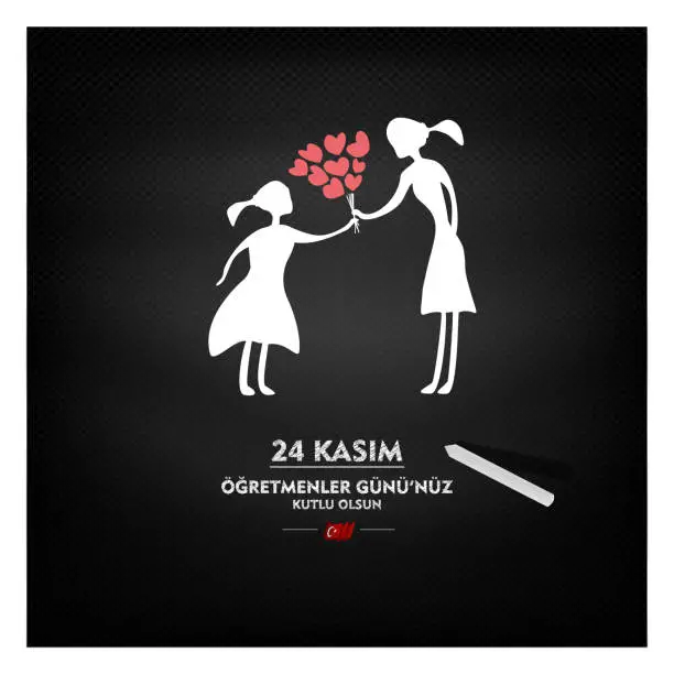 Vector illustration of (24 kasim, ogretmenler gunu kutlu olsun, siyah tahta uzerinde) translation, 24 november, happy teachers day on black board, girl student gives flowers to her teacher, vector illustration