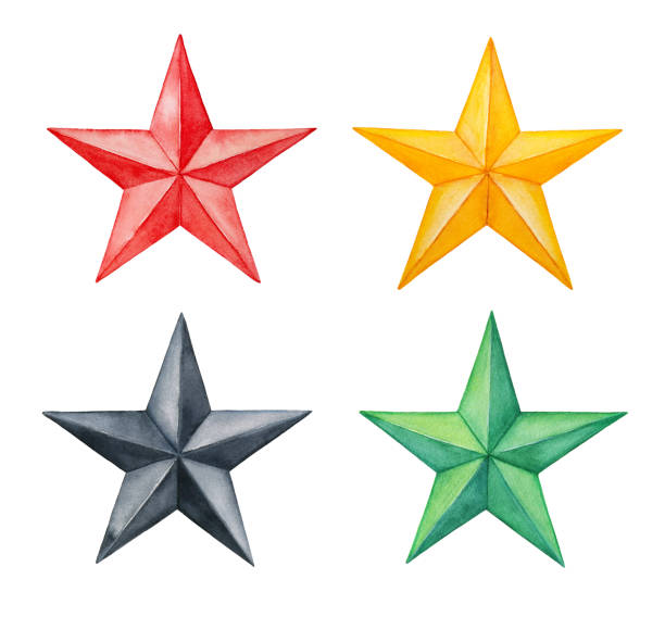 istock Collection of various five-pointed stars. Gold, bright red, black, green colors; top view. 1070297884