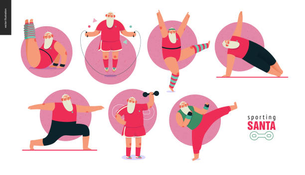 sportliche santa - gymnastikübungen - beinwärmer stock-grafiken, -clipart, -cartoons und -symbole