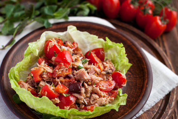 healthy appetizers lettuce wraps with canned tuna - shawl imagens e fotografias de stock
