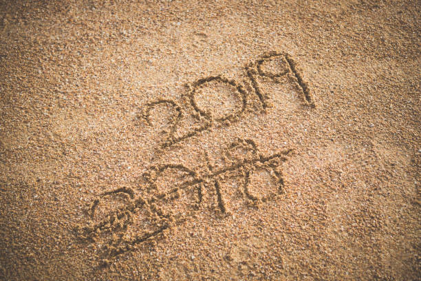istock Hand writing inscription year 2019 on sandy beach and erase year 2018. 1070324722