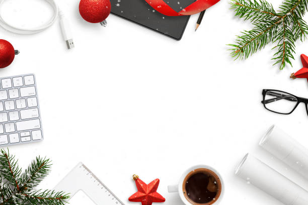 istock Office, work desk during Christmas and New Year composition. Supplies and decorations with copy space in the middle. 1070326344