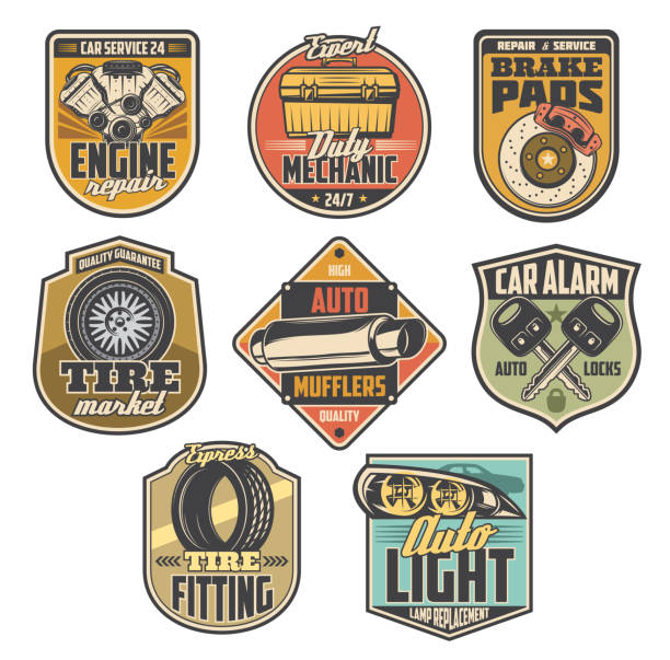 Car repair service icons, auto tools and parts Car service vintage badges with auto repair tools and automotive spare parts. Motor vehicle engine, tyre and wheel, brake pads, auto lights and car alarm key vector symbols, mechanic garage station vintage tire stock illustrations