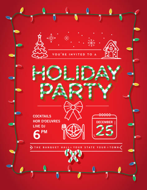 Holiday Christmas Party Invitation Design Template with candy cane text and line art icons Vector illustration of a modern Holiday Christmas Party Invitation Design Template with candy cane text, Christmas Lights and line art icons. Fully editable and customizable. christmas invitation stock illustrations