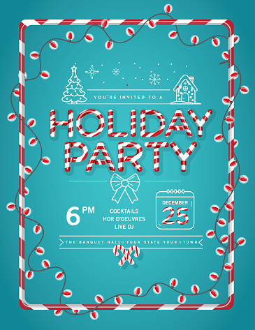 Vector illustration of a modern Holiday Christmas Party Invitation Design Template with candy cane text, Christmas Lights and line art icons. Fully editable and customizable.