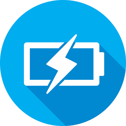 Vector illustration of a blue battery charge icon in flat style.