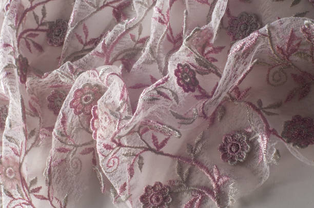 istock Texture, background, pattern. Pink lace decorated with flowers on a white background. Background of pink lace fabric beautifully decorated with flowers 1070354986