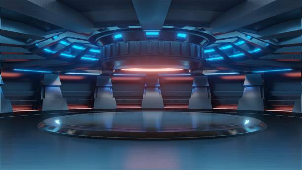 istock Empty light blue studio room futuristic Sci Fi big hall room 1070357764