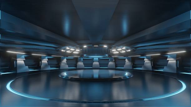 istock Empty light blue studio room futuristic Sci Fi big hall room 1070359086