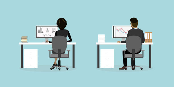 ansicht von hinten geschäft leute oder büro arbeitnehmer am arbeitsplatz, - desk men sitting computer stock-grafiken, -clipart, -cartoons und -symbole