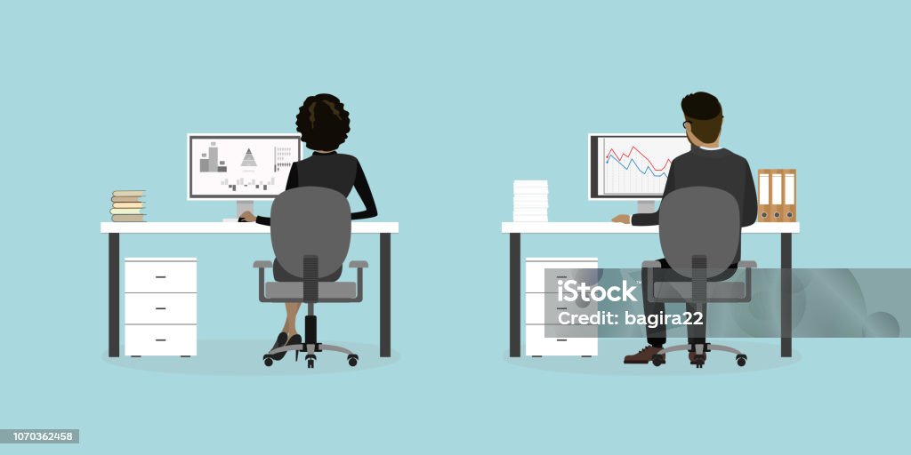 Business people or office workers on the workplace back view, Business people or office workers on the workplace back view,flat vector illustration. Office stock vector