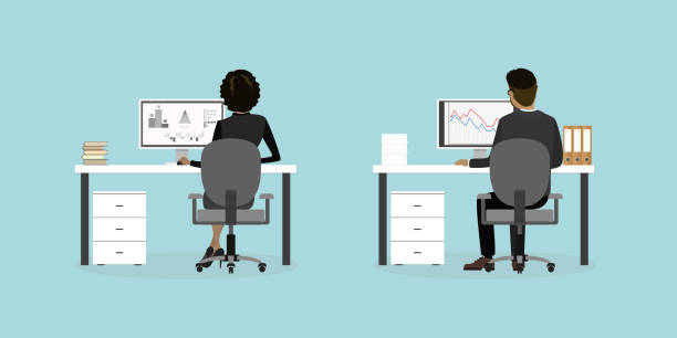 Business people or office workers on the workplace back view, Business people or office workers on the workplace back view,flat vector illustration. man in the desk back view stock illustrations