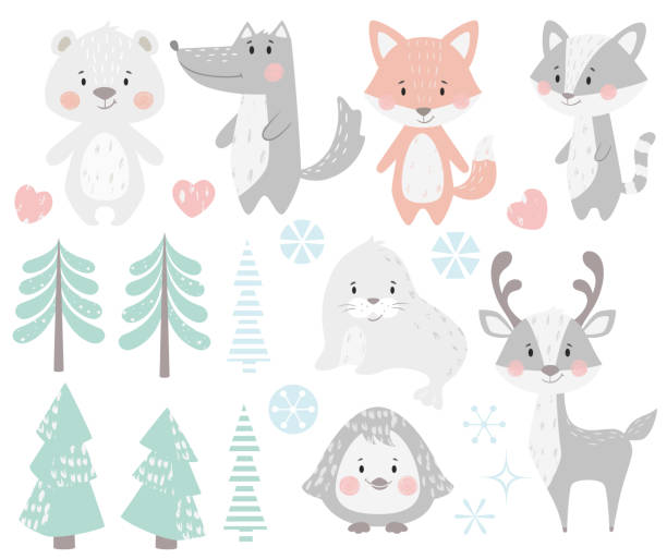 ilustraciones, imágenes clip art, dibujos animados e iconos de stock de reno, mapache, sello, lobo, pingüino, oso, zorro bebé invierno conjunto. - winter bear