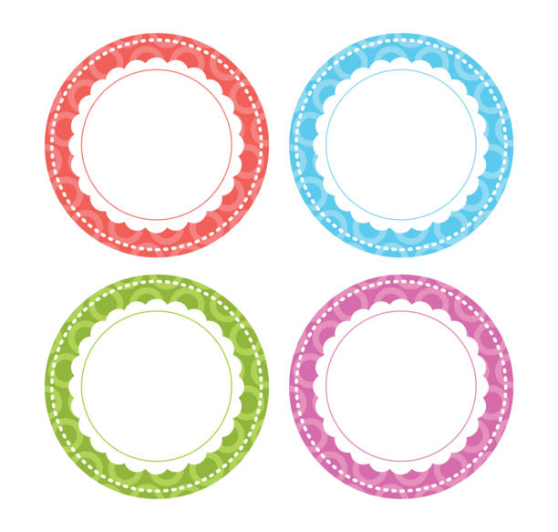 Whimsical Circle Labels Circle labels with scalloped circles in red, blue, green and purple scallop stock illustrations