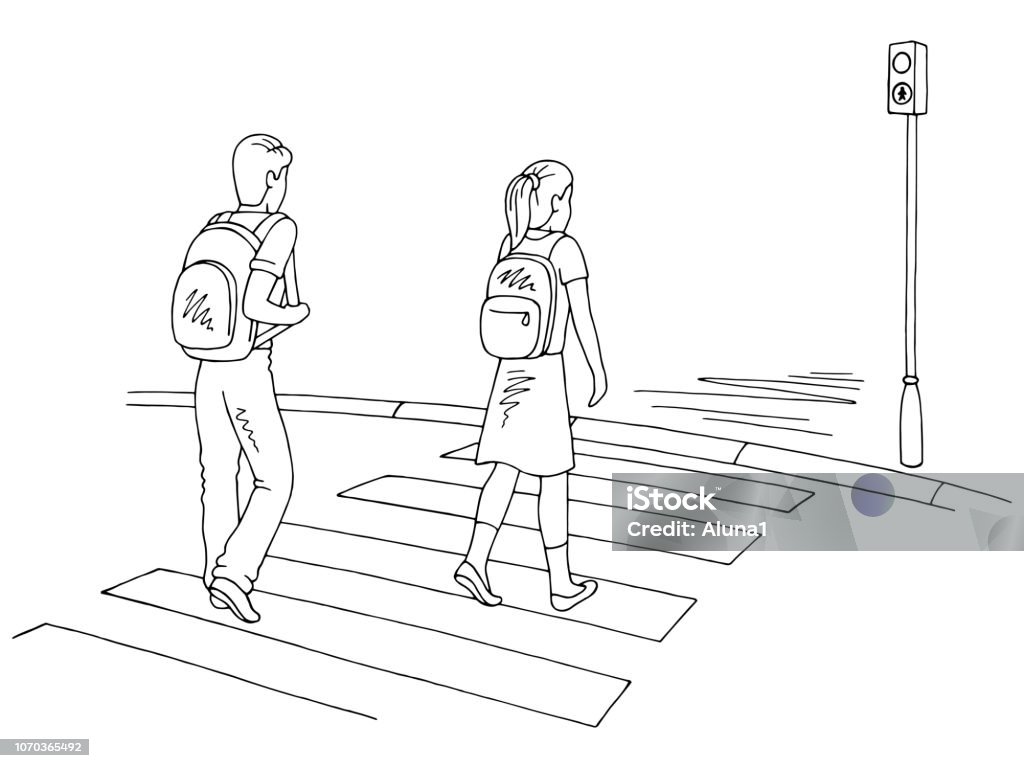 Children walking at the crosswalk graphic black white street sketch illustration vector Crosswalk stock vector