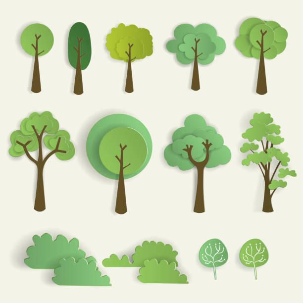 Mobile Set of tree in paper cut style, vector illustration. paper craft stock illustrations