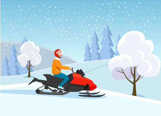 ilustrações, clipart, desenhos animados e ícones de jovem, montando snowmobile isolado. paisagem da floresta de inverno. ilustração em vetor estilo simples - snowmobiling