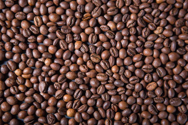 Texture and background of roasted coffee beans scattered on the table with side light - fotografia de stock