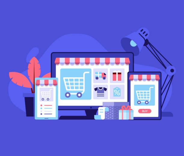 Online Shopping Digital Store Concept Internet shopping concept with device screens. Online digital store application banner in flat design. E-commerce advertising illustration with shopping cart and goods. Order online background. e commerce stock illustrations
