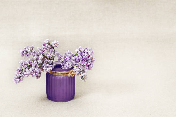 Branches of blooming lilac with vase on blurred background with copy space.