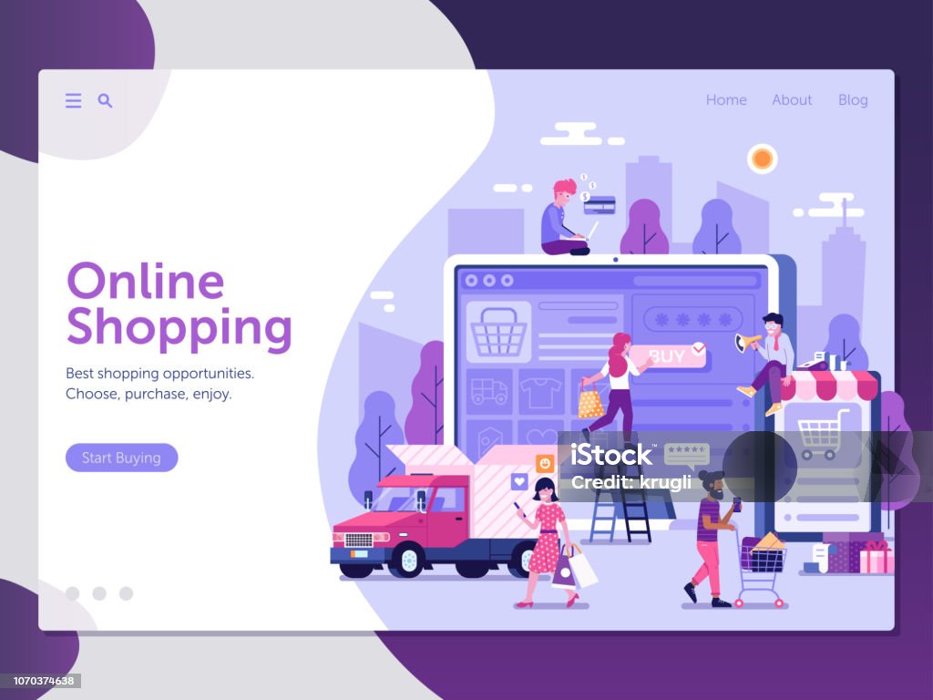 Internet Shopping Landing Page Template Online shopping landing page with customers buying and making order. E-commerce advertising web banner with people shopping on the internet. Digital store concept UI illustration in flat design. E-commerce stock vector